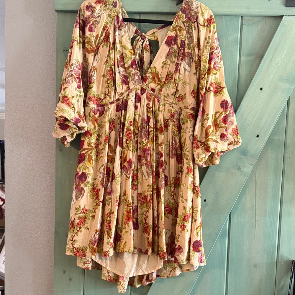 Free People Floral High Low Dress - Cream and Pink red green bow Large